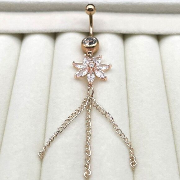 316L Stainless Steel with White Diamond Cubic Zirconia Flower 14G Belly Ring - Picture 4 of 10